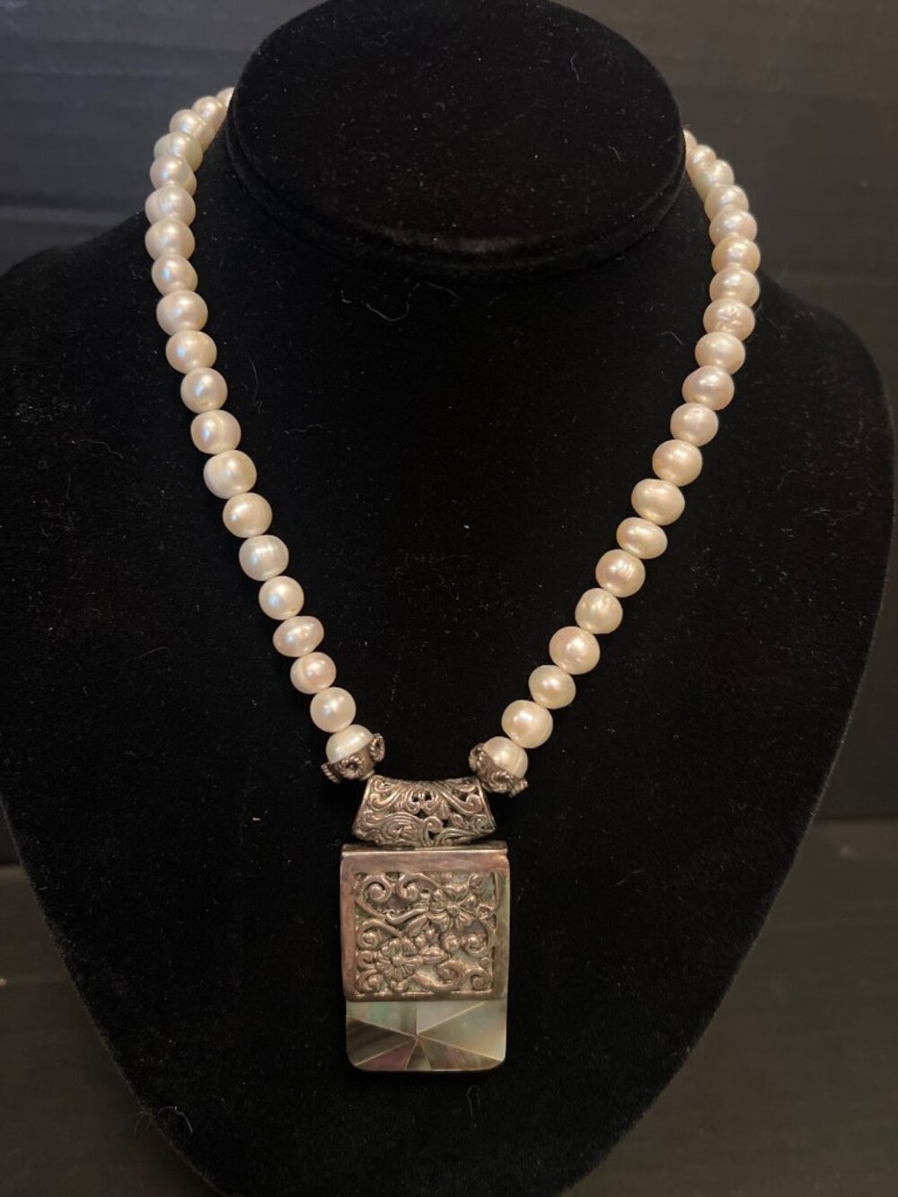Handcrafted Pearl Necklace With Intricate abalone and Silver Pendant  Art Deco
